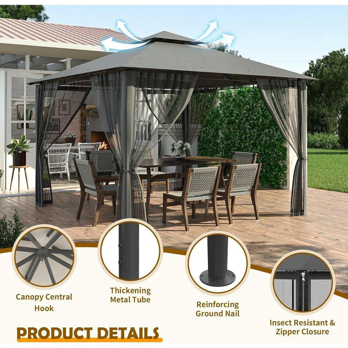 GARTENPAVILLON 2.8 x 2.8M Grau Wasserdicht mit Moskitonetz - Grau, Metall (275/275/275cm)