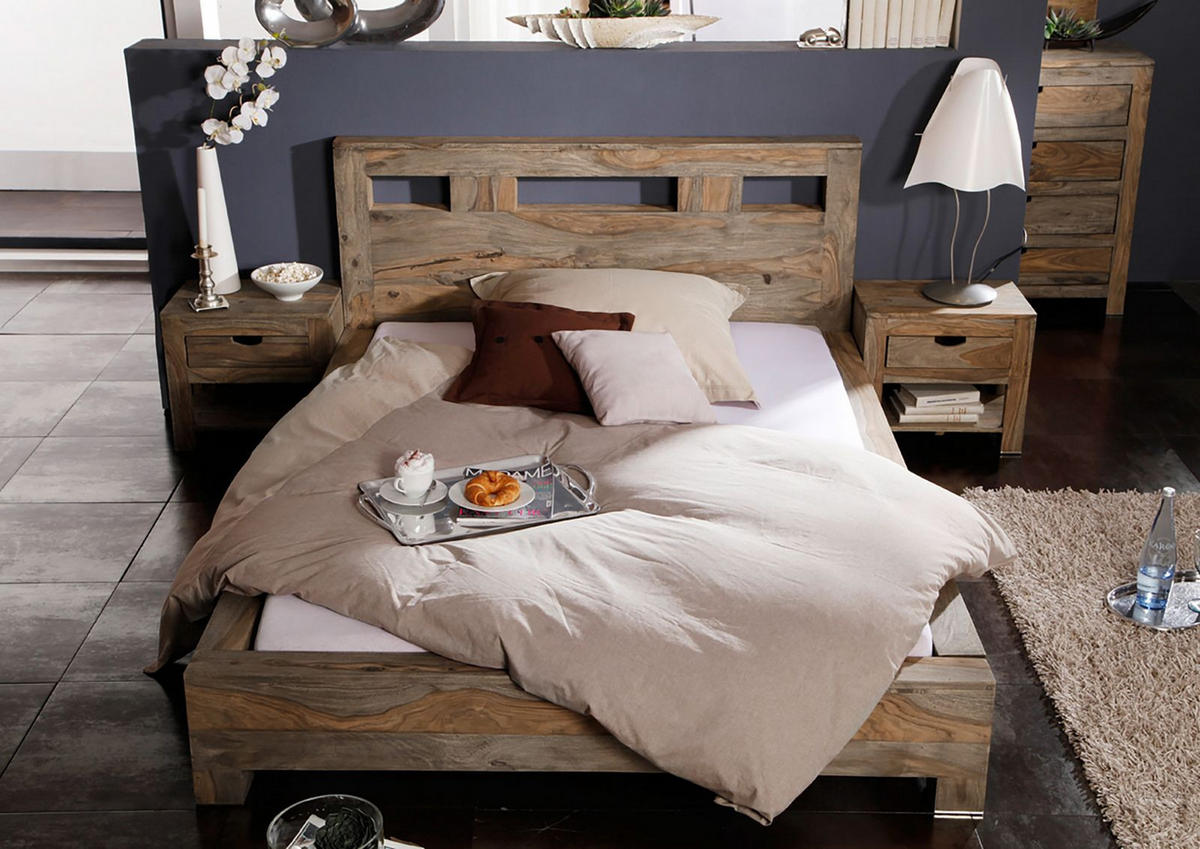 BETT Massivholz Sheesham 140 x 200 x 90 grau NATURE GREY #203 - Grau, Holz (140/200cm) - Massivmoebel24