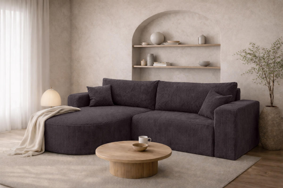 ECKSOFA Mit Schlaffunktion, Cordstoff Poso, Dunkelgrau, Links, ROUND ONE - Dunkelgrau, Holz (244/175cm) - Kaiser Möbel