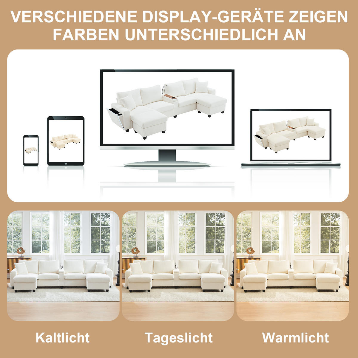 SOFA, U-Form, 2 Hocker, LED-Beleuchtung, Beige, 334x128.5x81cm - Beige, Textil (128.5/81/334cm) - FLIEKS