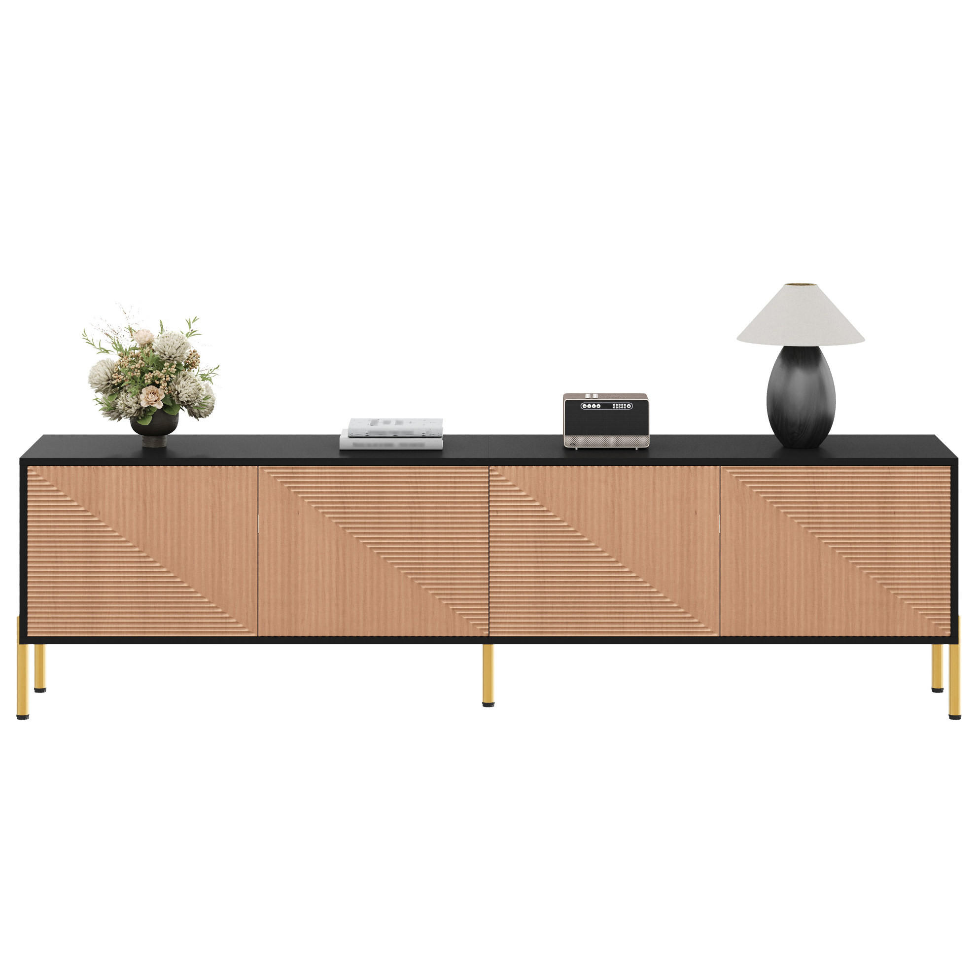 Modfu TV stolek z dřevotřísky 179x35x53,5 cm černý/přírodní se 4 dvířky a bezúchytkovým designem