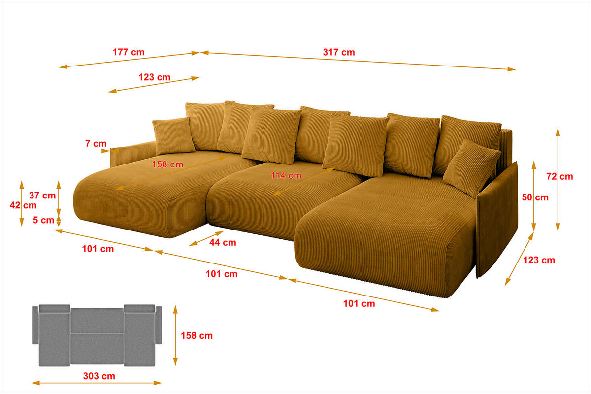WOHNLANDSCHAFT mit Schlaffunktion und Bettkasten ONESK-U-v1 317x177x72 Senfgelb Cord - Currygelb, Holzwerkstoff/Kunststoff (317/72/177cm) - ALTDECOR