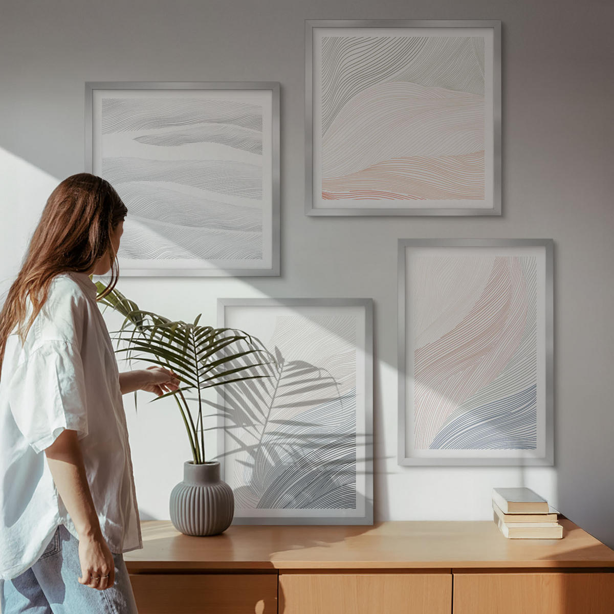 BILDER SET 4er Set - 50x50 cm & 40x60 cm Silberner Rahmen - Abstrakte Pastellwellen - Silberfarben, Kunststoff (50/50cm) - TULUP