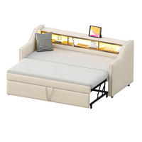 SCHLAFSOFA 90/190 cm ausziehbar auf 180/190 cm mit LED, USB und Ablagefächern, Leinenstoff, Beige - Beige, Textil (102/74/203.5cm) - Redom