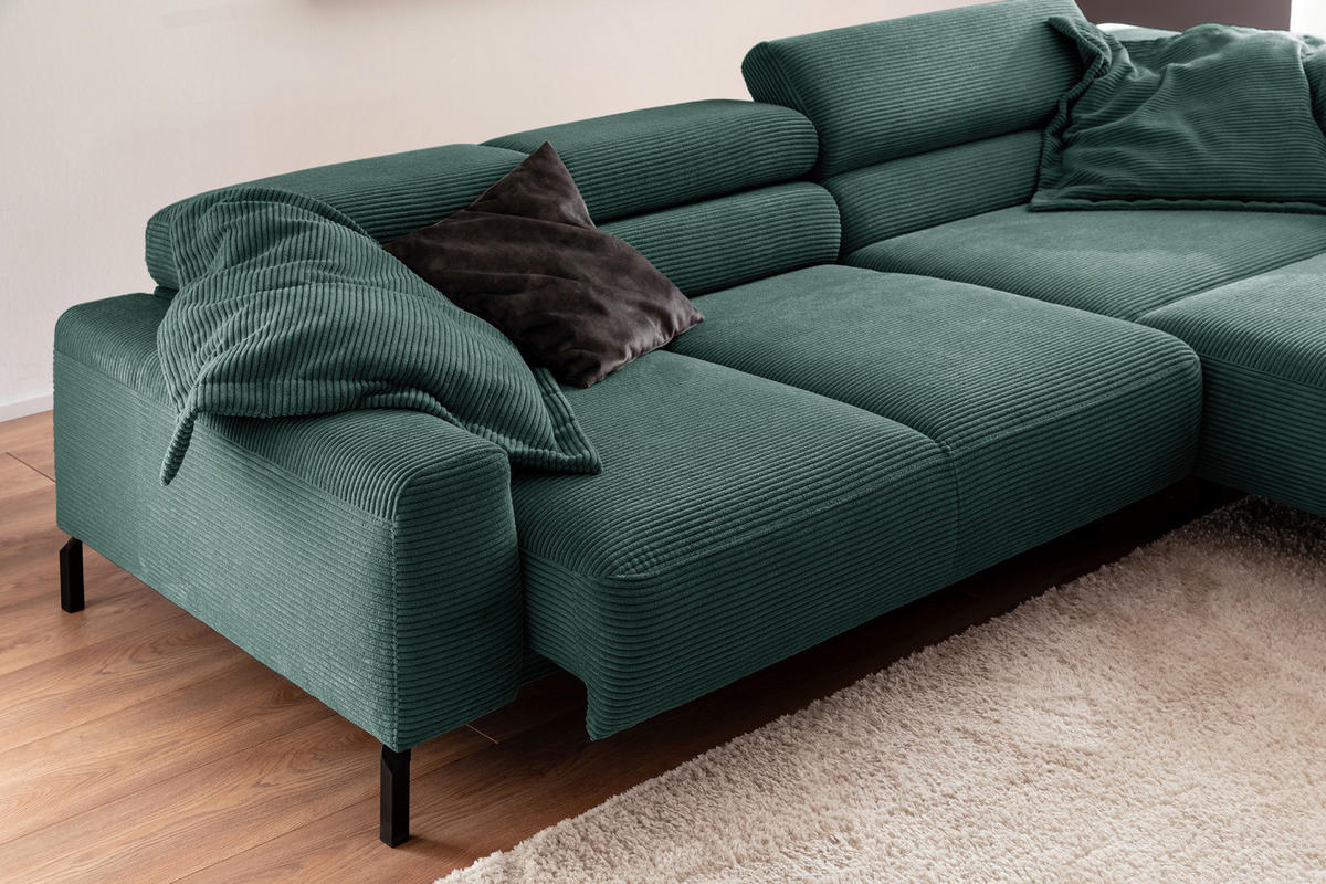 ECKSOFA MIT MOTORISCHEM SITZVORZUG DELIA Smaragdgrün Cord - Smaragdgrün/Schwarz, Textil/Metall (312/219cm) - KAWOLA