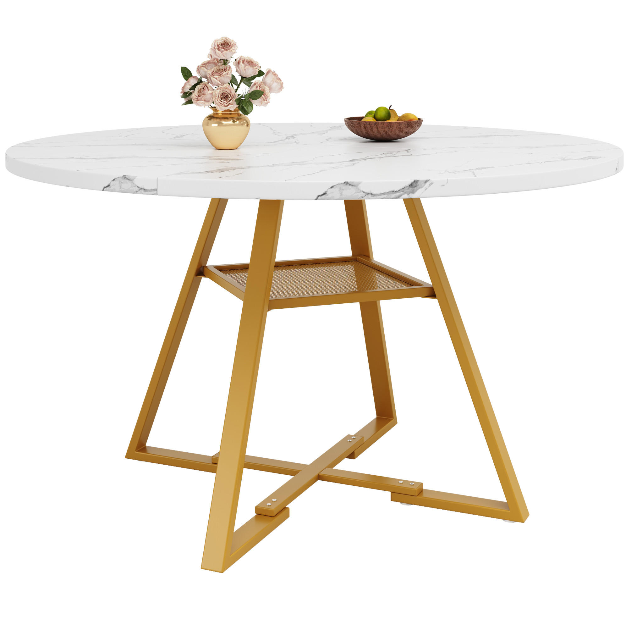 RUNDER Esstisch, MDF in Marmoroptik mit Metallgestell & Ablageregal, Ø 120/75 cm, Weiß - Weiß, Holzwerkstoff (120/120/75cm) - Redom