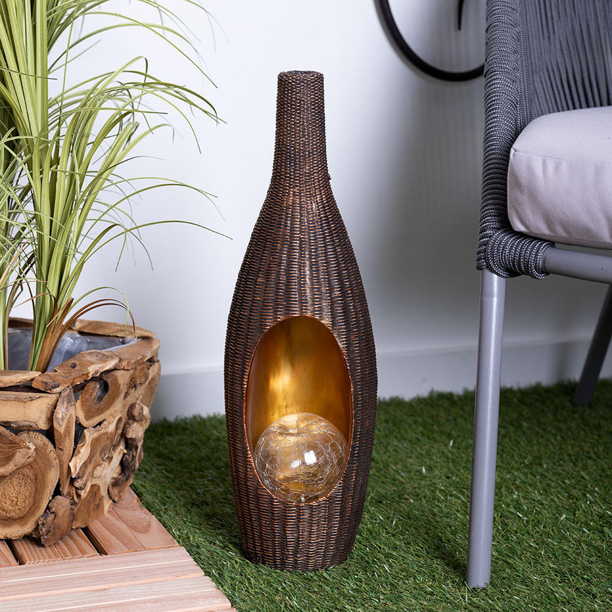 LED AUSSENLEUCHTE Rattan Braun Gold - Braun, Glas (14.3/13/45.5cm)