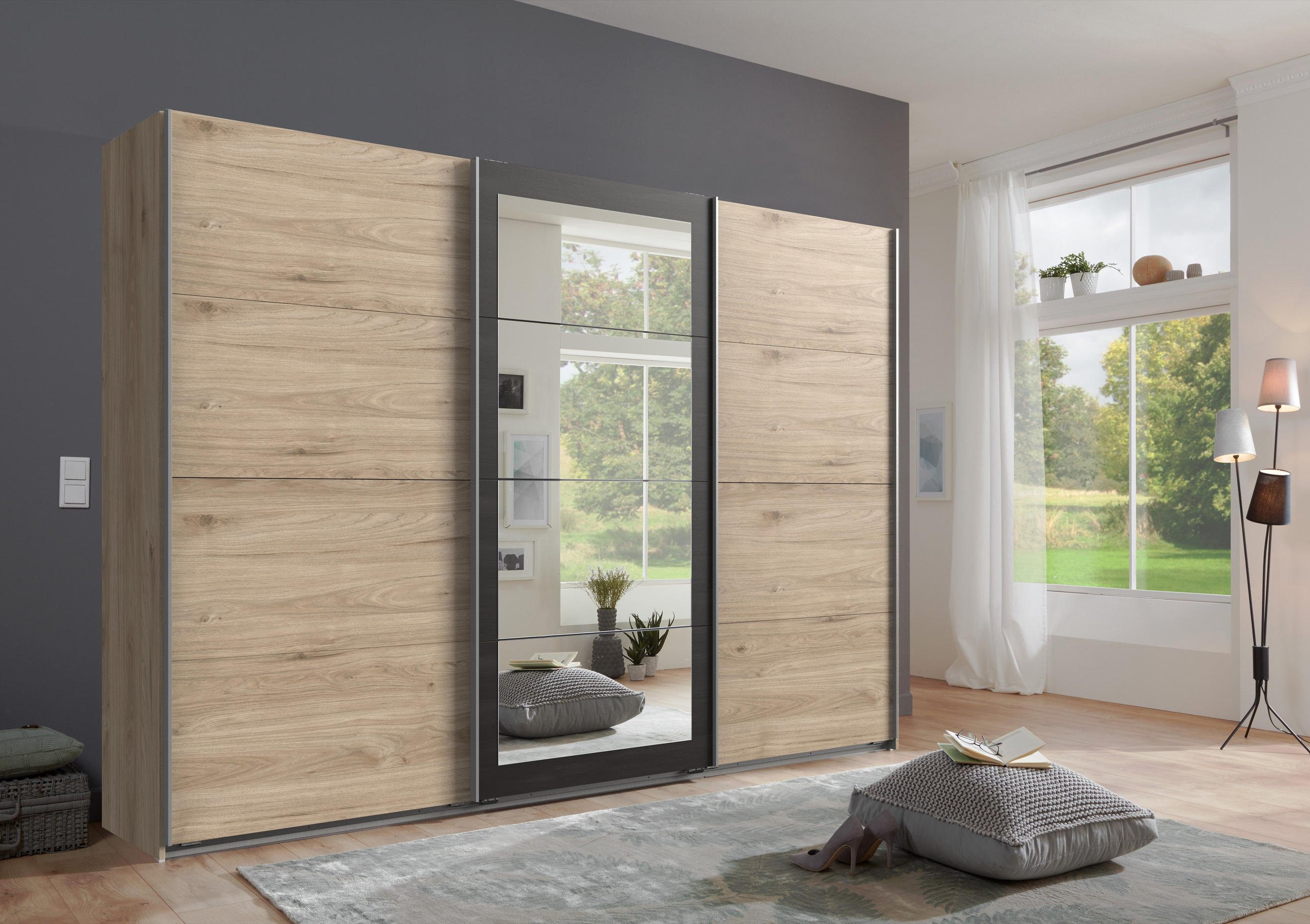 SCHWEBETÜRENSCHRANK 3-türig B270/H208/T65 cm in Eichen-Dekor mit Absetzungen in grauer Stahl-Optik / 22002 - Eichefarben/Alufarben, Holzwerkstoff/Metall (270/208/65cm) - luma-home