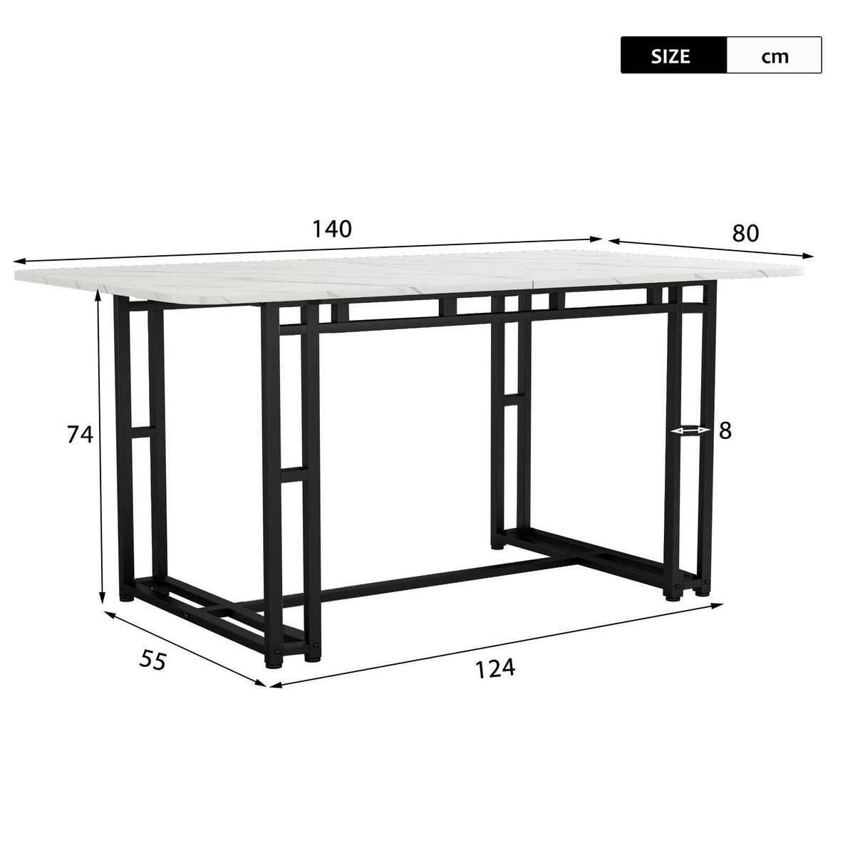 ESSTISCH 140x80x75 cm aus MDF mit schwarzem Metallgestell im modernen Leicht-Luxus Stil - Weiß, Holzwerkstoff (140/80/74cm) - Modfu