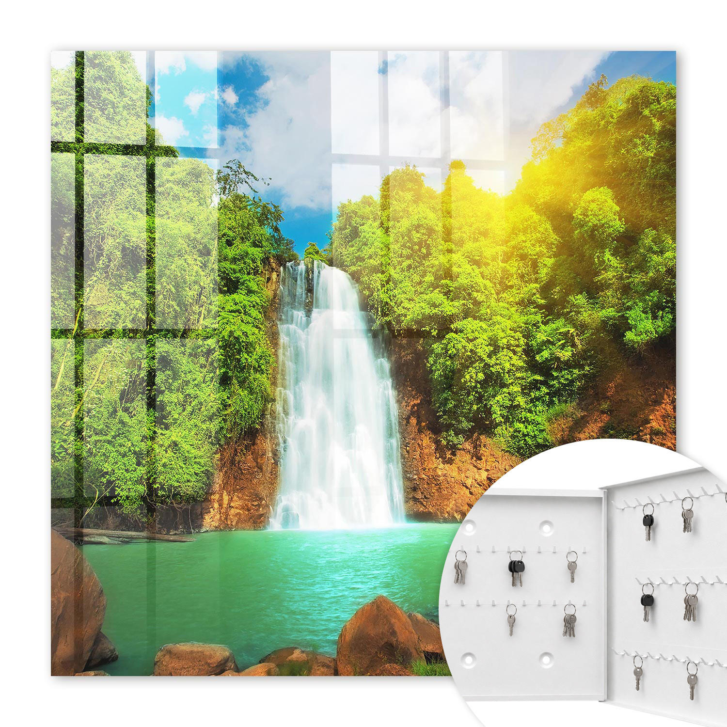 SCHLÜSSELBOX Weiß 30x30 cm – Türöffnung nach rechts - Tropischer Wasserfall - Grün, Metall (30/30/5cm) - TULUP