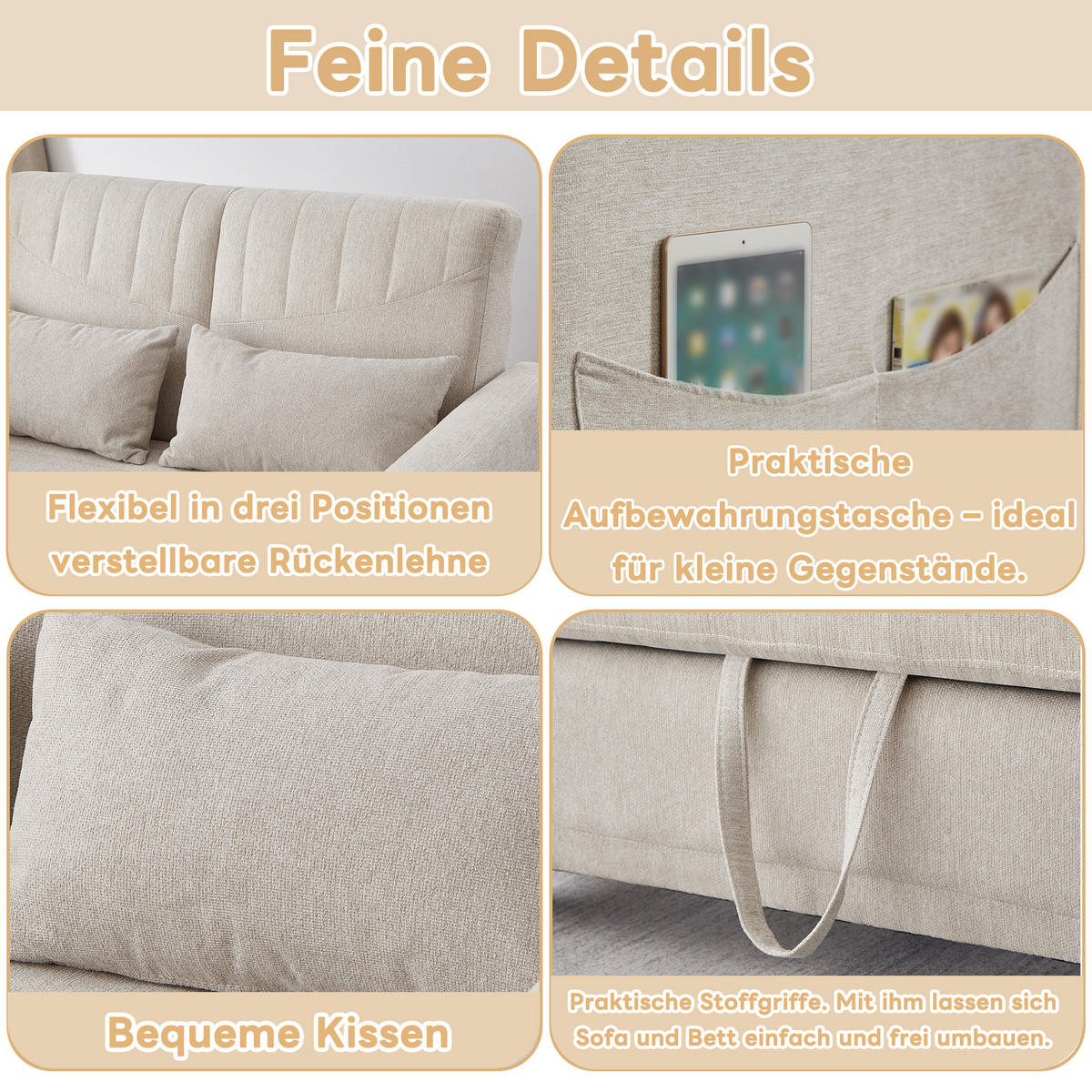 SOFABETT Baumwoll-Leinen mit Ausziehfunktion und verstellbarer Rückenlehne Beige 114/77/82,5 cm - Beige, Textil (77/82.5/114cm) - Redom