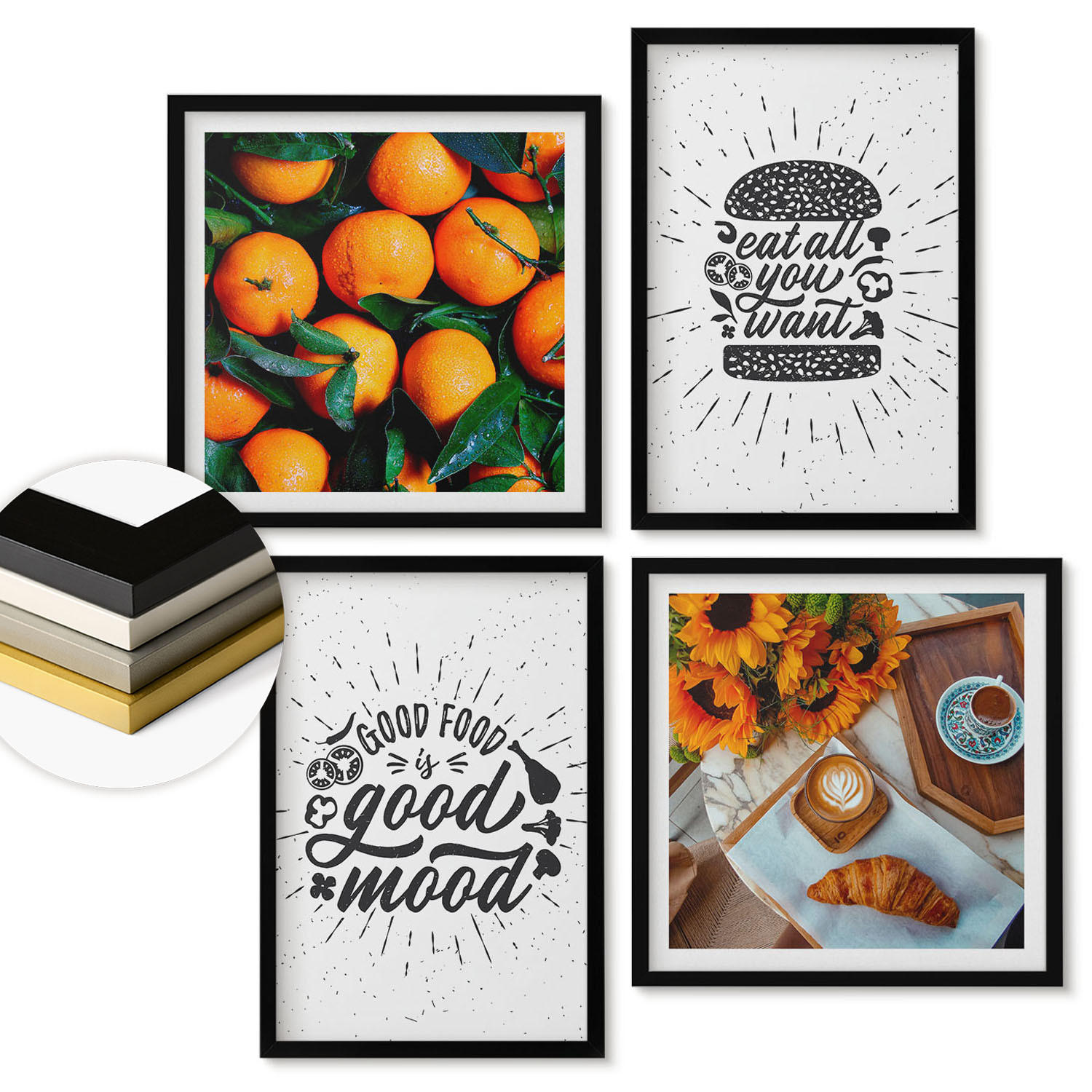 WANDBILDER 4er-Set - 50x50 cm & 40x60 cm Schwarzer Rahmen - Juicy Oranges Kitchen - Schwarz, Kunststoff (50/50cm) - ArtPrintCave