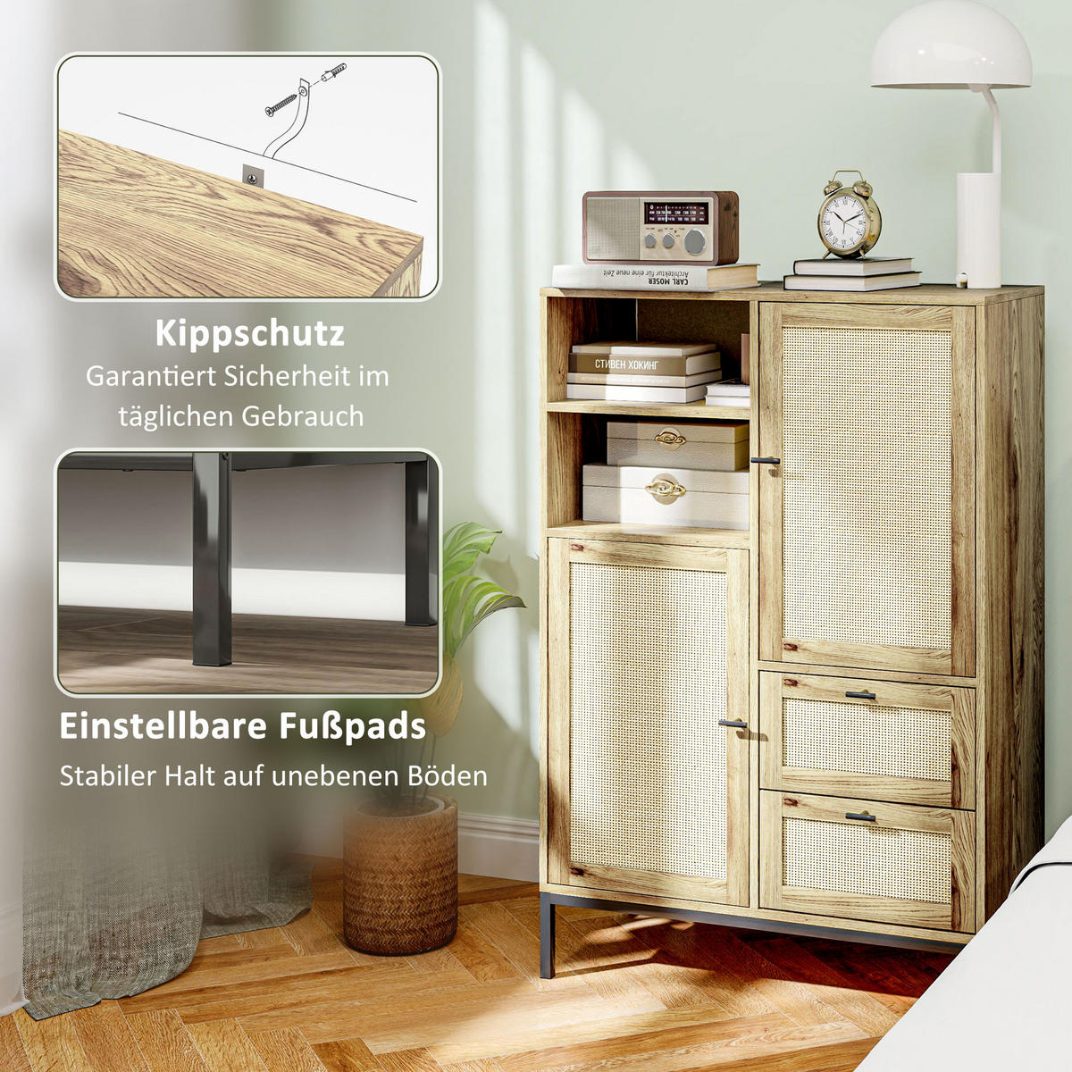 KOMMODE mit Rattan-Türen, Metallrahmen - Naturfarben, Holzwerkstoff (80/120/40cm) - HOMCOM