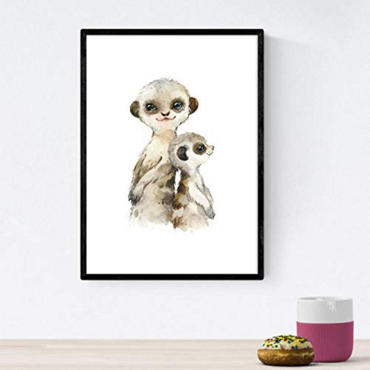 POSTER Set mit 4 Tiger Rhinoceros Giraffe und Suricata A3 Schwarzer Rahmen - Schwarz, Papier (29.7/3cm) - Nacnic