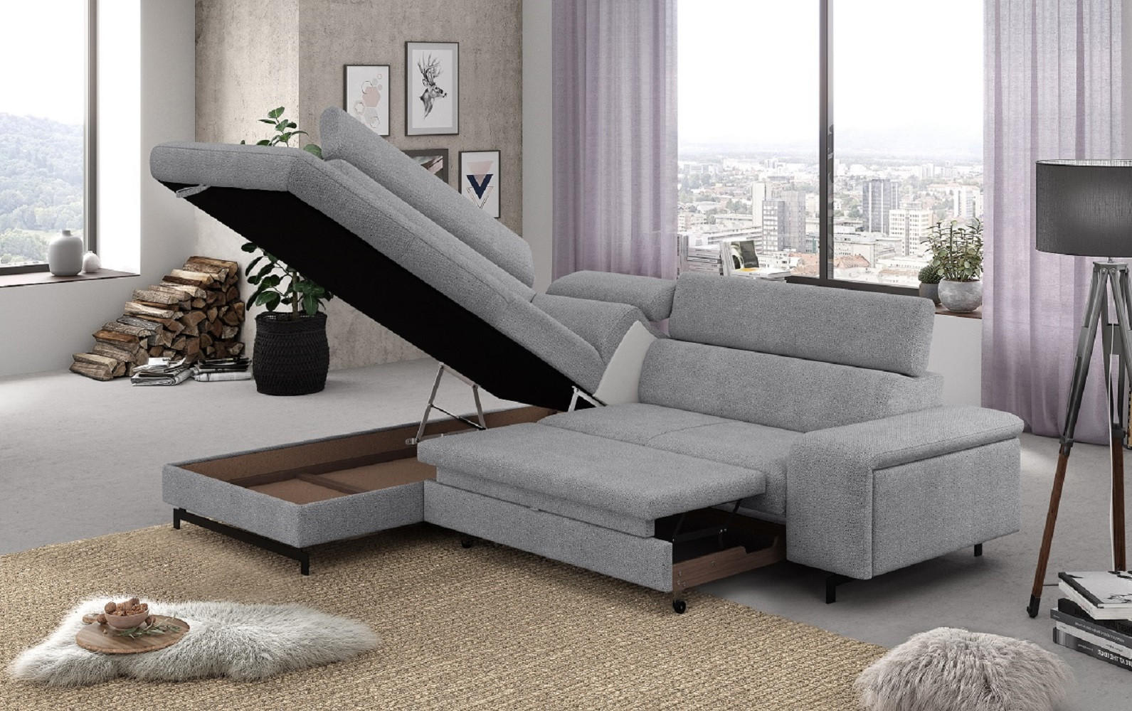 Thumbnail - Cotta Ecksofa, Silber, Textil, Echtholz,Fichte, 4-Sitzer, Ottomane links,L-Form, 262x215 cm, Wohnzimmer, Sofas & Couches...