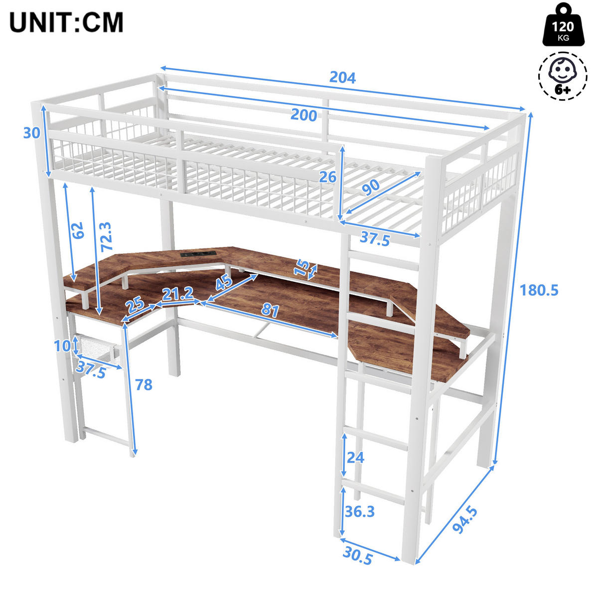 HOCHBETT 90/200 cm Weiß aus Metall und MDF mit Schreibtisch - Weiß, Metall (90/200cm) - OKMYHOME