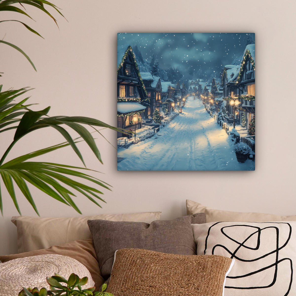 LEINWANDBILD Weihnachtsdorf - Weihnachten - Schnee - Winter 50x50 cm - Dunkelblau, Textil (50/50cm) - MuchoWow