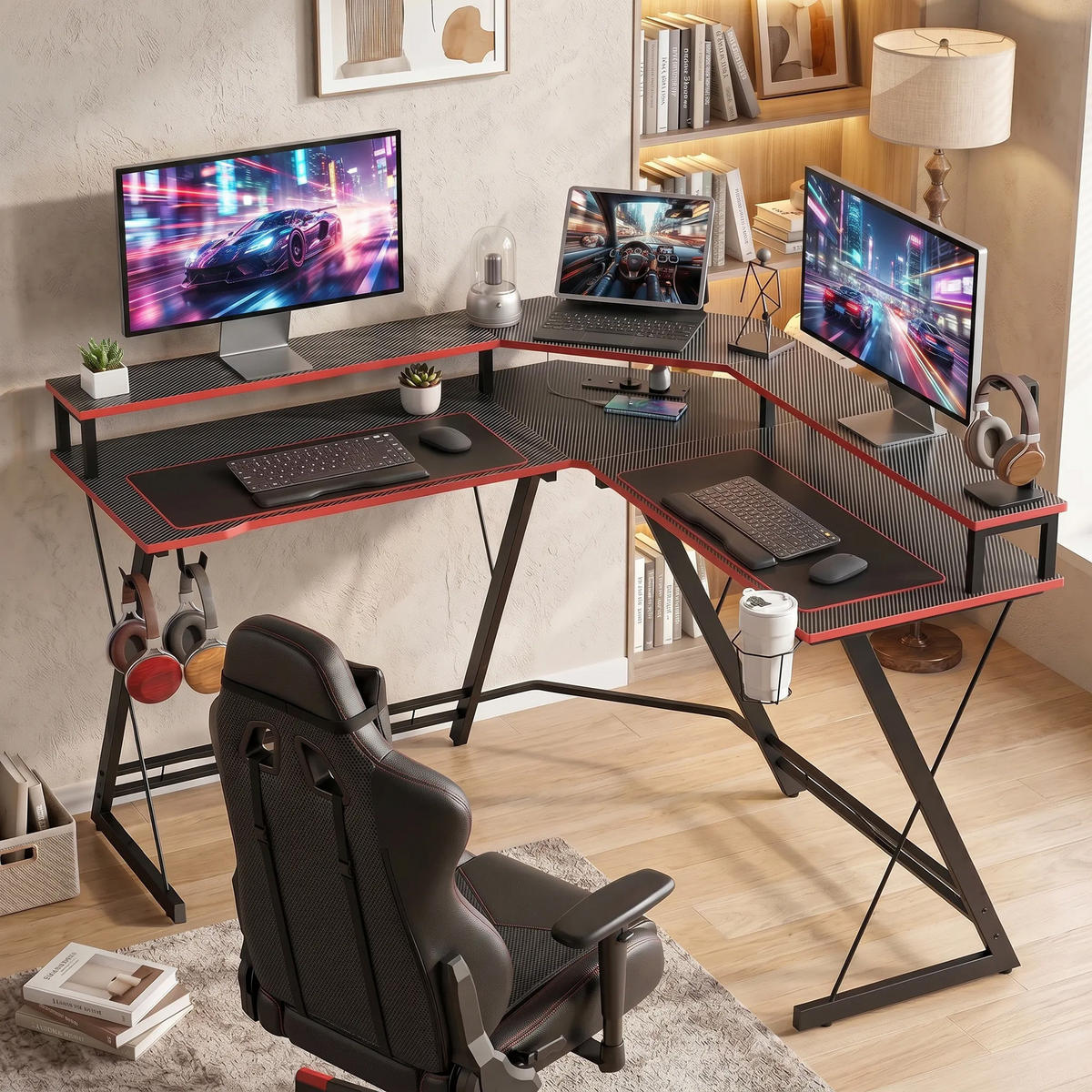 COMPUTERTISCH, 128 cm eckschreibtisch mit monitorständer, 2 USB - Schwarz, Holzwerkstoff (128/128/88cm) - Gisaae