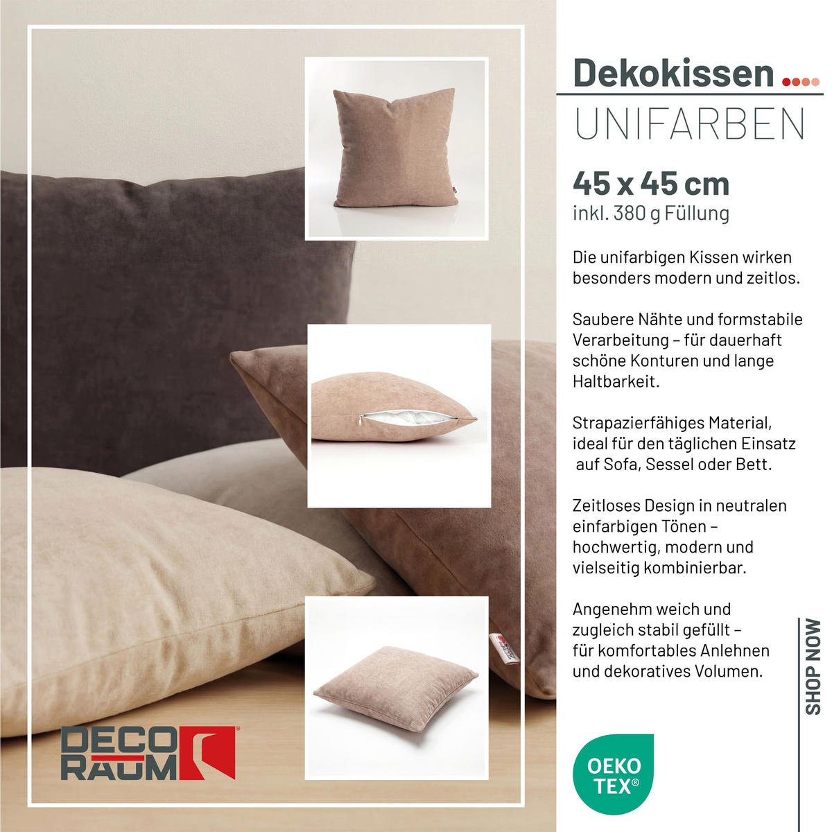 DEKOKISSEN Uni Cappuccino 45x45 cm mit Füllung - Braun, Textil (45/45cm) - Deco-Raum