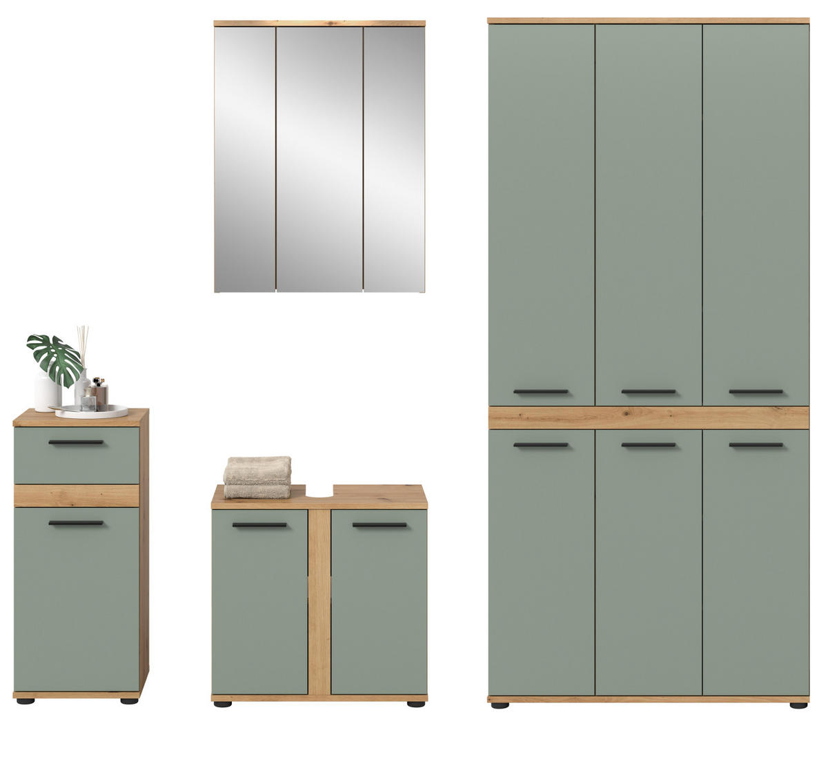 BADMÖBEL-SET 4-teilig Salbei grün, Artisan Eiche 219 cm, Badezimmerschränke mit viel Stauraum - Salbeigrün/Schwarz, Glas/Holzwerkstoff (219/191/34cm) - Inn.Furn