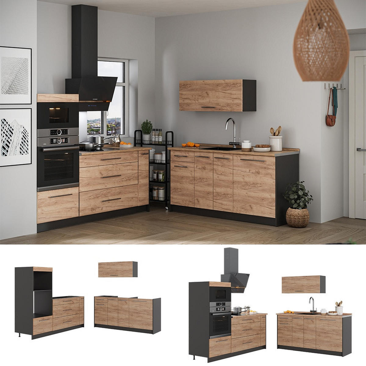 KÜCHENZEILE Fame-Line, Goldkraft Eiche/Anthrazit, 340 cm, AP Eiche - Honigeiche/Anthrazit, Holzwerkstoff (340/153.6/60cm) - Vicco