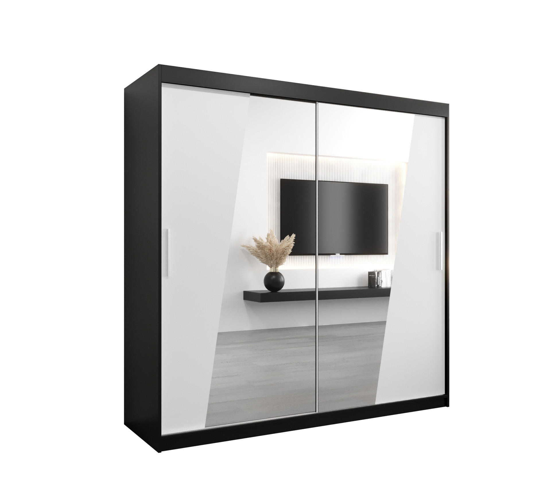 Abiks Möbel Schwebetürenschrank Schwarz, Weiß 200x200x62 cm