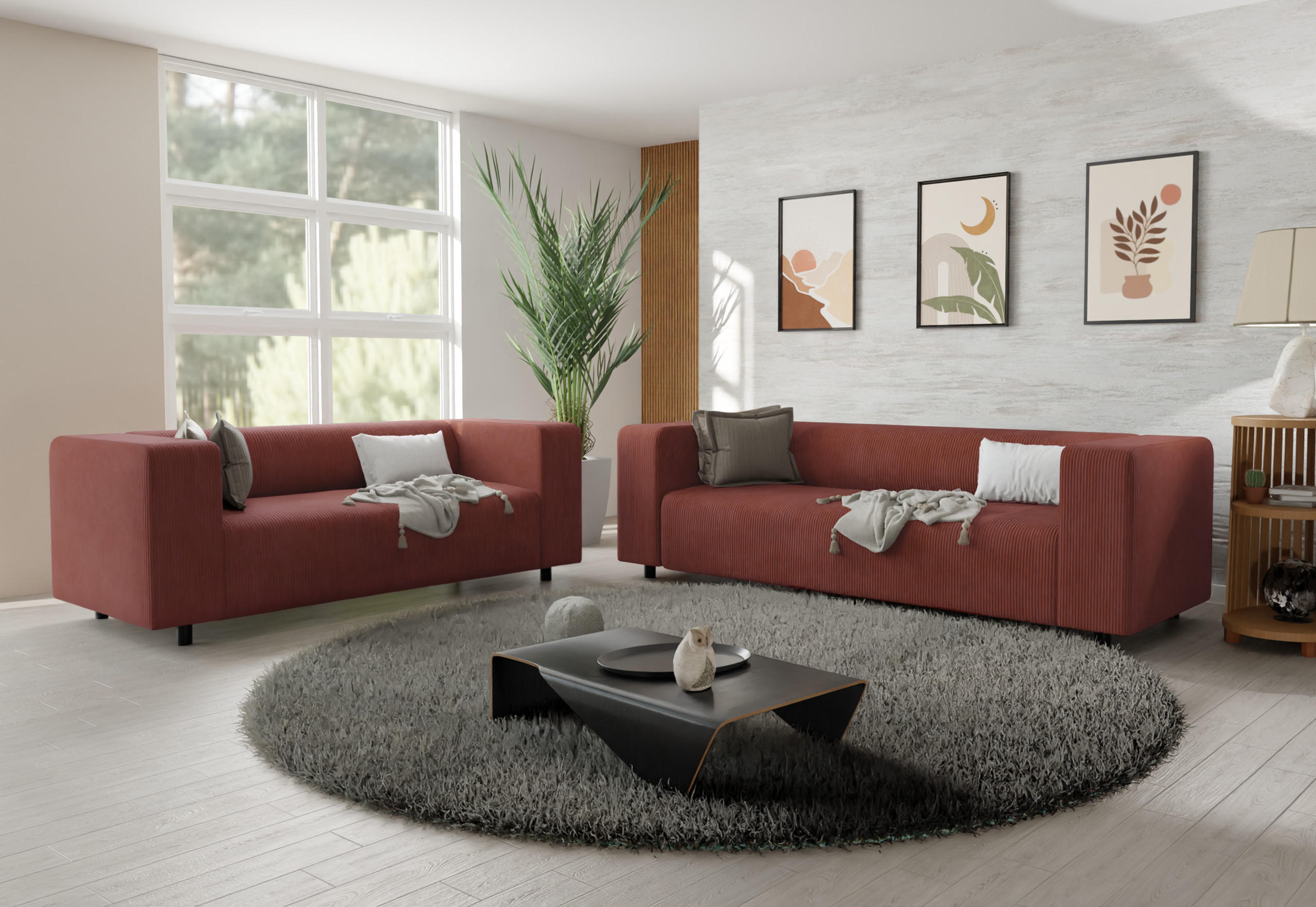 SITZGARNITUR 3+2 Tove Terrakotta Cord - Terra cotta/Schwarz, Holz/Kunststoff (175/65/80cm) - S-Style Möbel