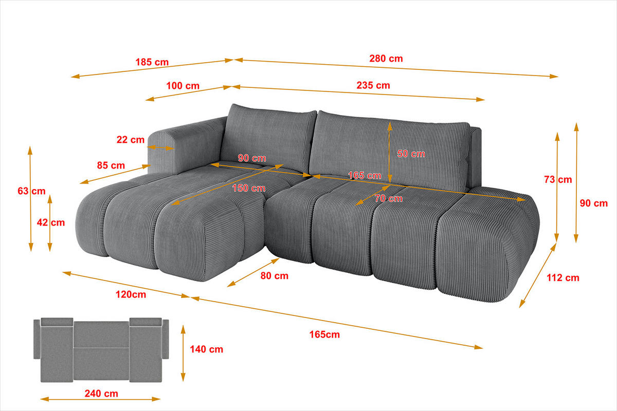 ECKSOFA Ottomane Links CLOUD-L 280x185x90 Dunkelgrau Cord - Dunkelgrau, Holzwerkstoff/Kunststoff (180/289cm) - ALTDECOR