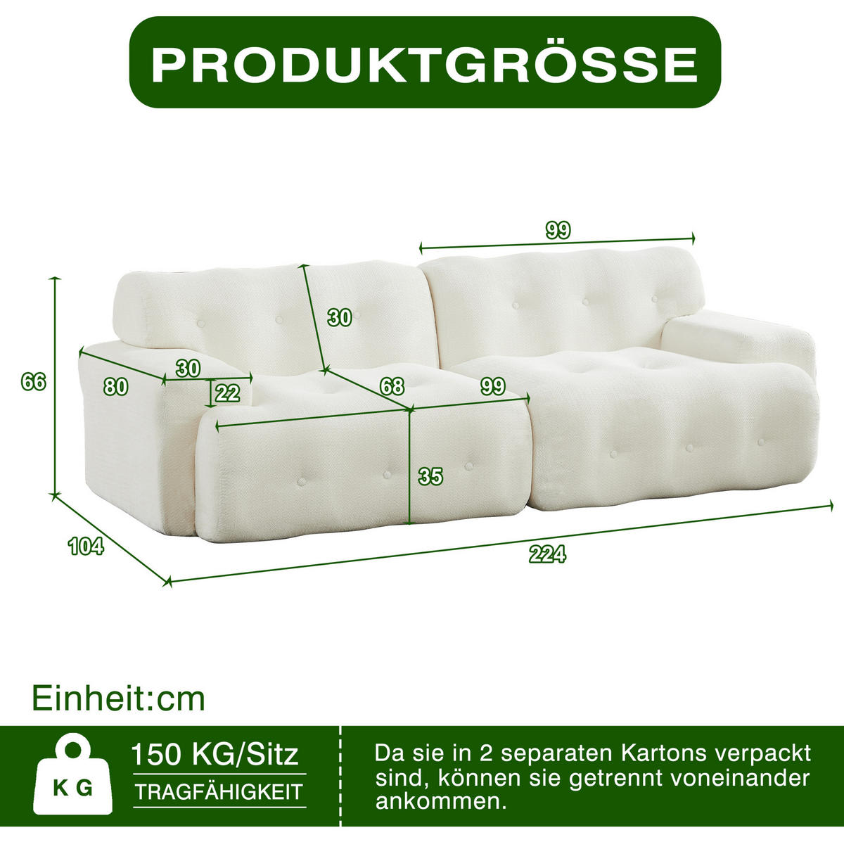 2-SITZER-SOFA aus Chenille 224x104x66 cm Beige montagefrei mit tiefer Sitzfläche und breiten Armlehnen - Beige, Textil (224/66/104cm) - Modfu