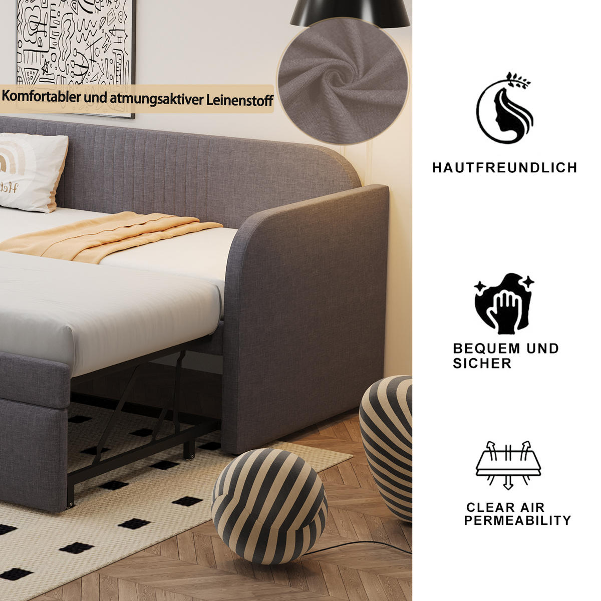 POLSTERBETT 90/180x190 Leinen Lattenrost Streifen Grau - Grau, Holzwerkstoff - FLIEKS