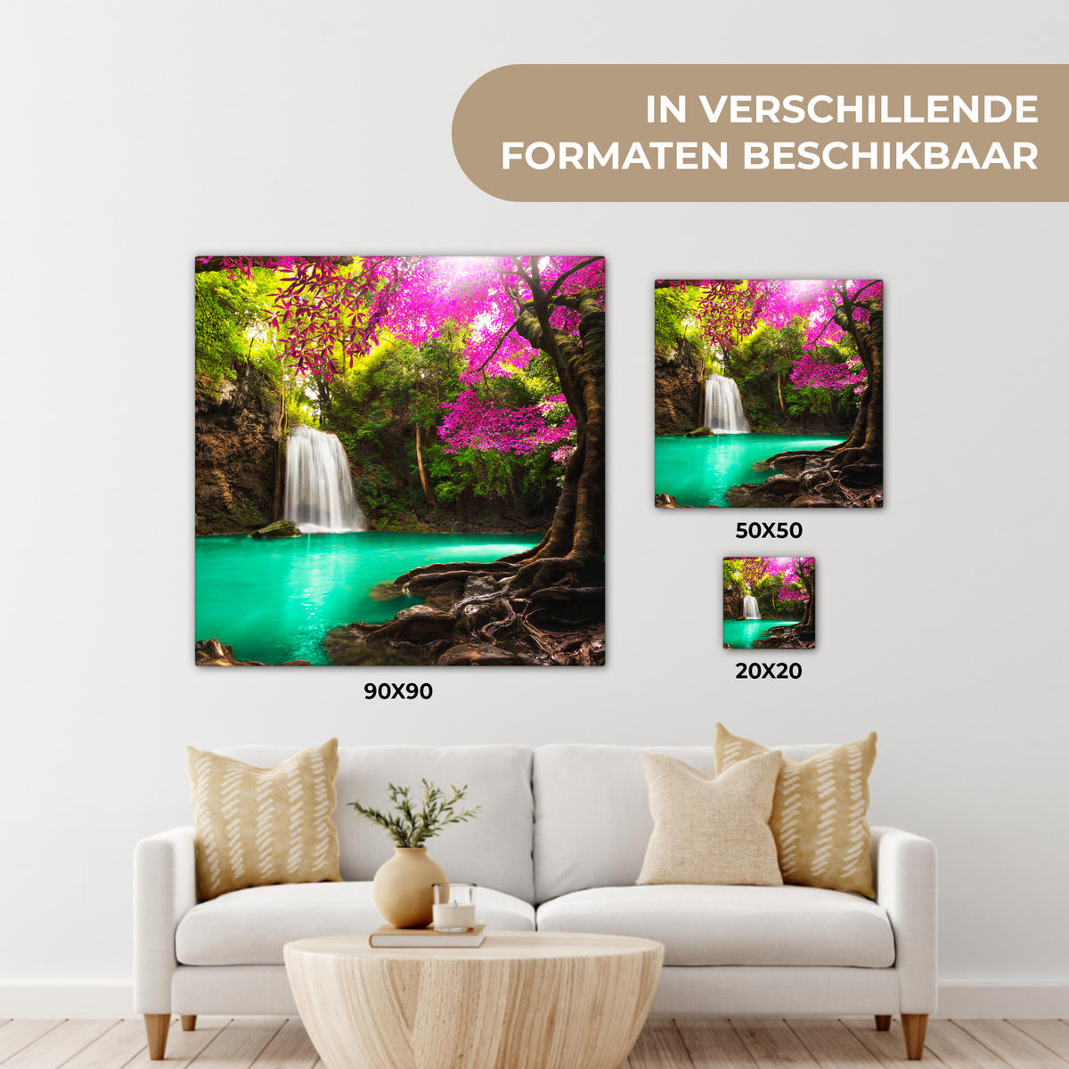 LEINWANDBILD Wasserfall mit bunten Blumen und Bäumen - Natur - Dschungel 20x20 cm - Waldgrün, Textil (20/20cm) - MuchoWow