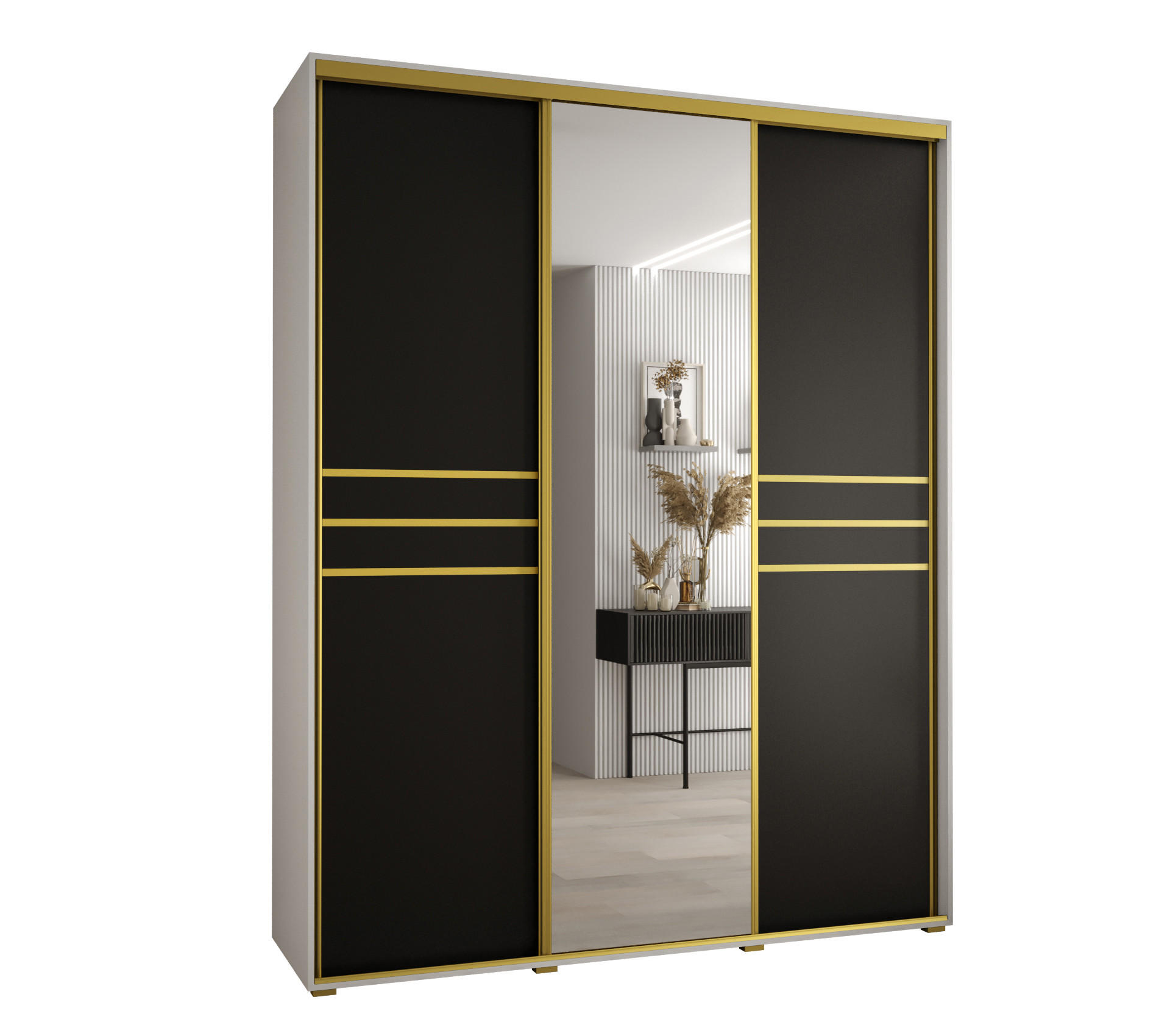 Abiks Möbel Schwebetürenschrank Weiß, Schwarz, Gold 190x235x45 cm