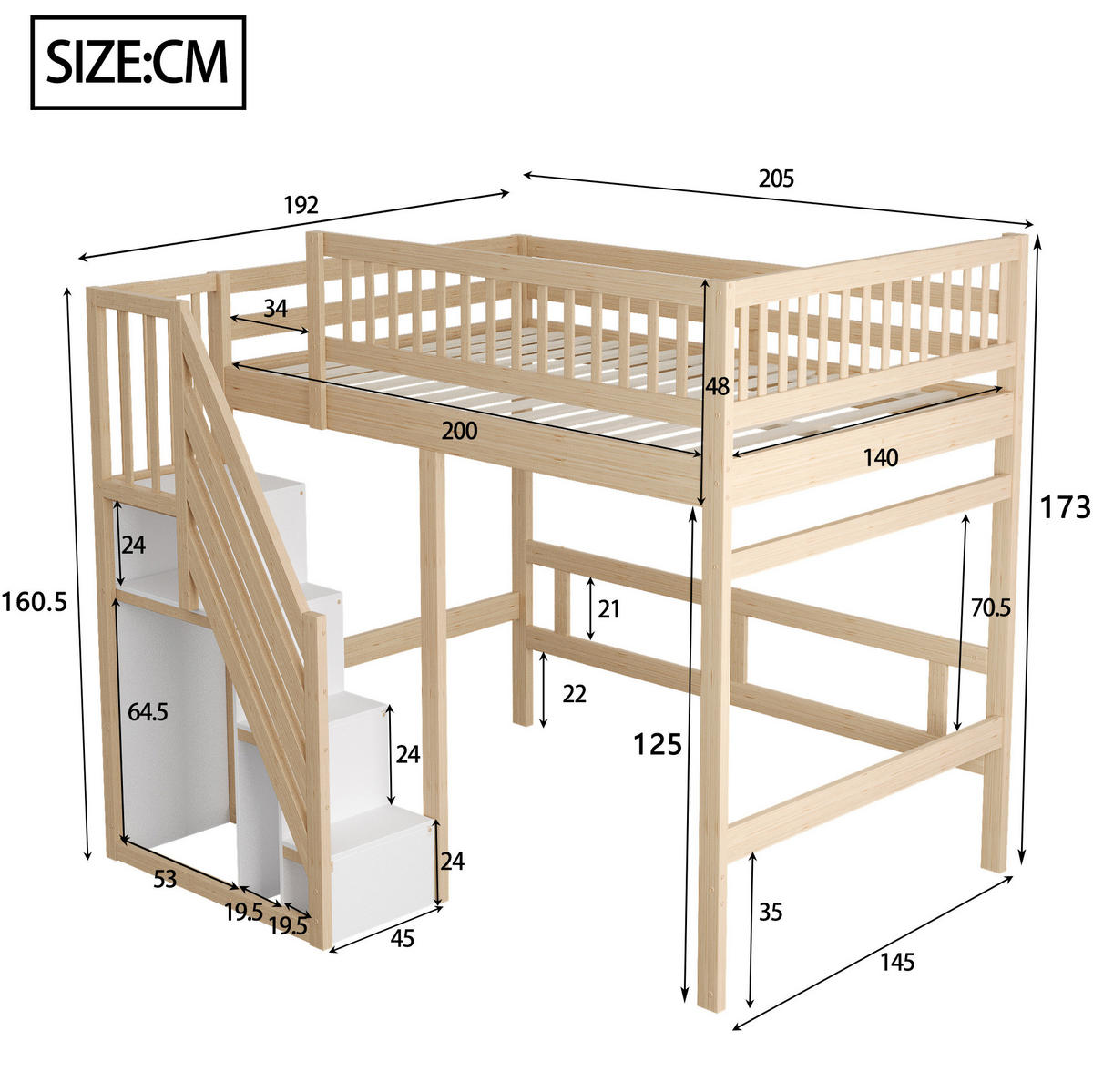 HOCHBETT mit Stauraumtreppe 140x200 cm Massivholz Natur - Braun, Holzwerkstoff (140/200cm) - Beauniv