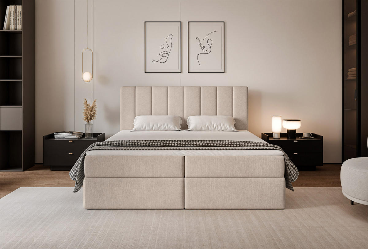 BOXBETT LEO 200/200 cm mit Matratze und Topper, Hellbeige - Sandfarben/Schwarz, Holzwerkstoff/Kunststoff (200/200cm) - Idohome
