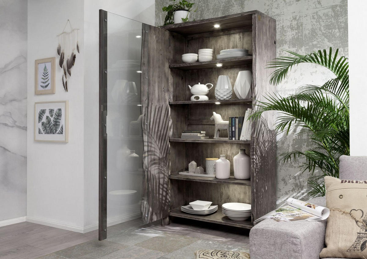 VITRINE Akazie 105x45x204 grau lackiert PURE ACACIA #911 - Grau, Holz (105/204/45cm) - Massivmoebel24