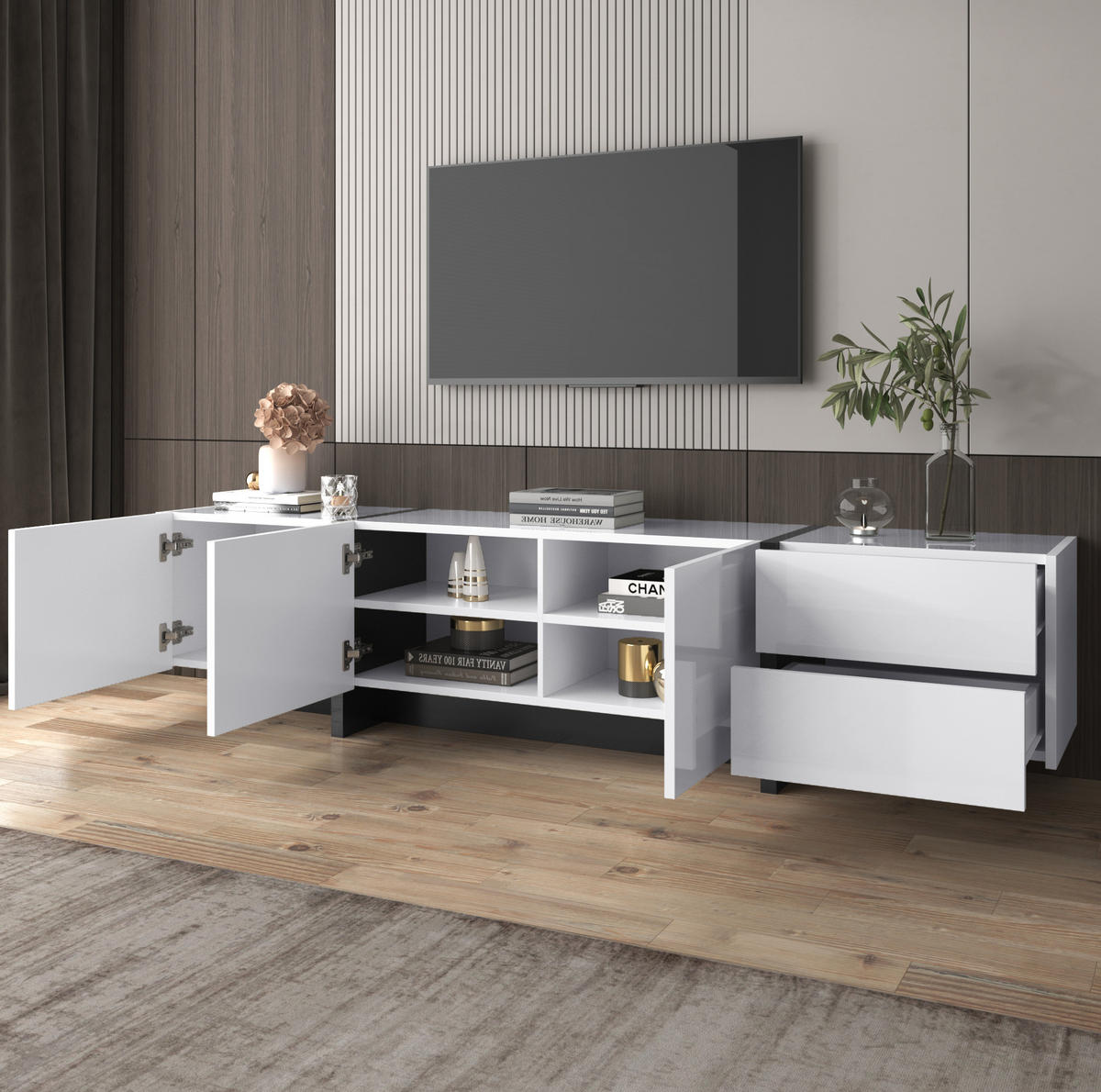 TV-SCHRANK aus Spanplatte 190x35x45 cm Weiß und Schwarz mit 3 Türen, 2 Schubladen und hochglänzender Oberfläche - Weiß, Holzwerkstoff (190/35/45cm) - Modfu