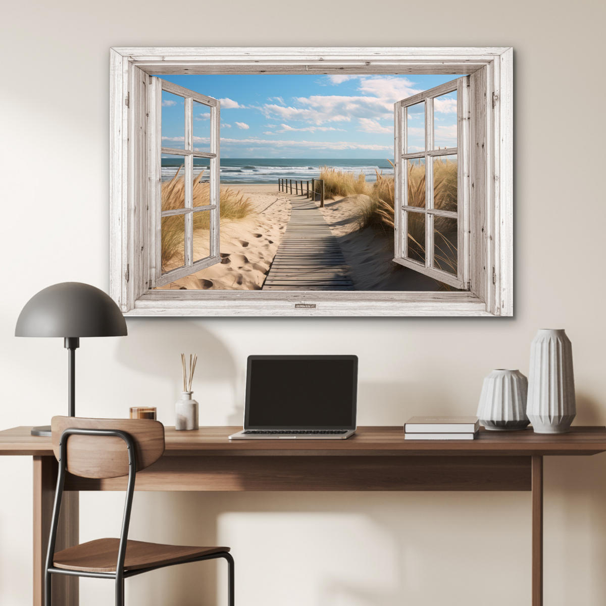 METALLBILD Fenster - Meer - Küste - Natur - Ausblick - Strand - Wattenmeer 90x60 cm - Beige, Metall (90/60cm) - MuchoWow