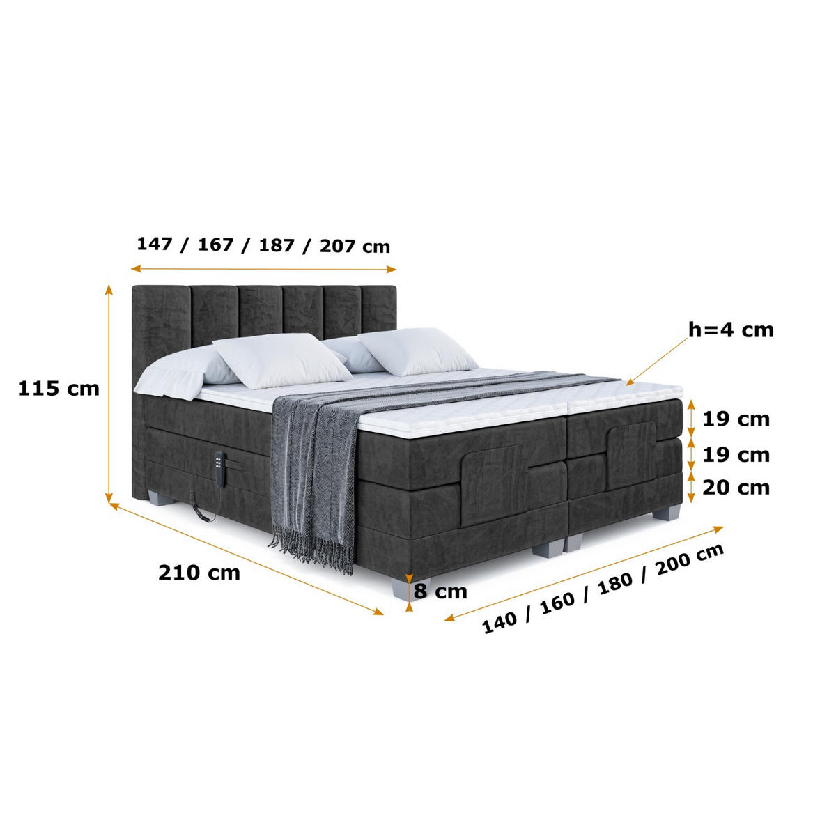 BOXSPRINGBETT elektrisch verstellbar mit 2 Matratzen H4/Taschenfederung AMEL EL 200 x 200 Schwarz - Schwarz, Holzwerkstoff (207/200cm) - ALTDECOR