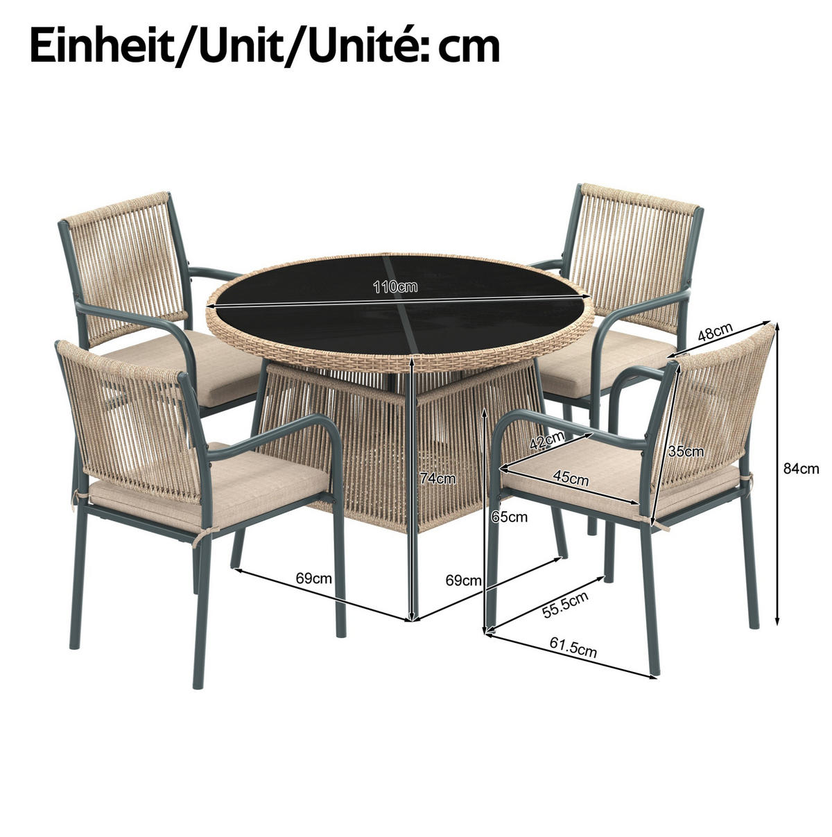 GARTENMÖBELSET 110/110/74 cm mit rundem Tisch, 4 Sesseln, Sicherheitsglas und Sitzkissen, Grau - Beige, Metall - Redom