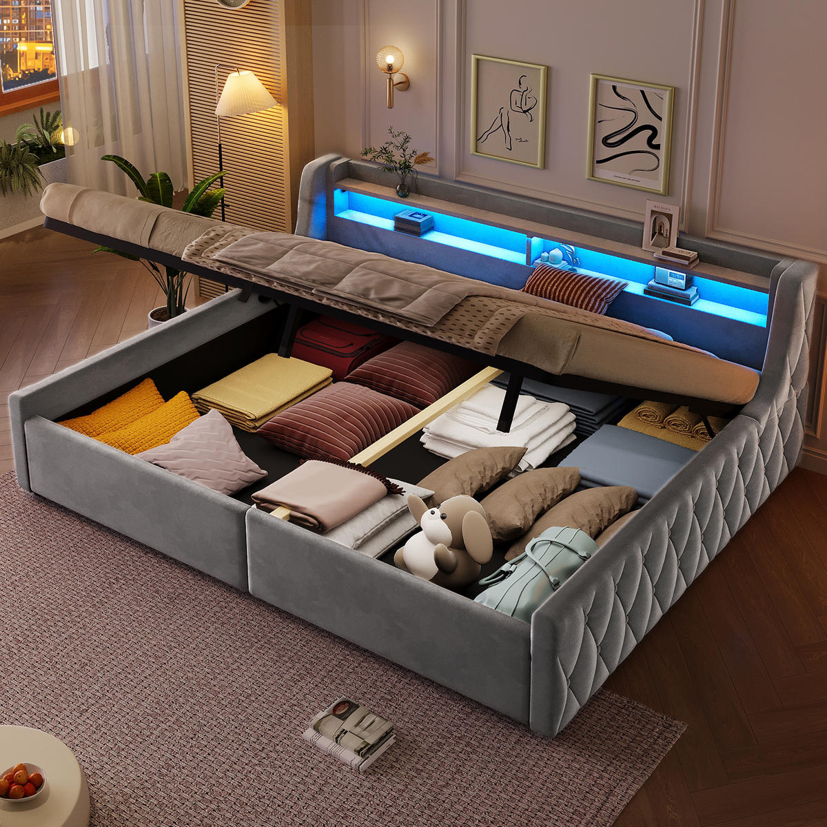 POLSTERBETT 140/200 cm in Grau Flanell mit Bettkasten und LED - Grau, Holzwerkstoff/Textil (140/200cm) - WISHDOR