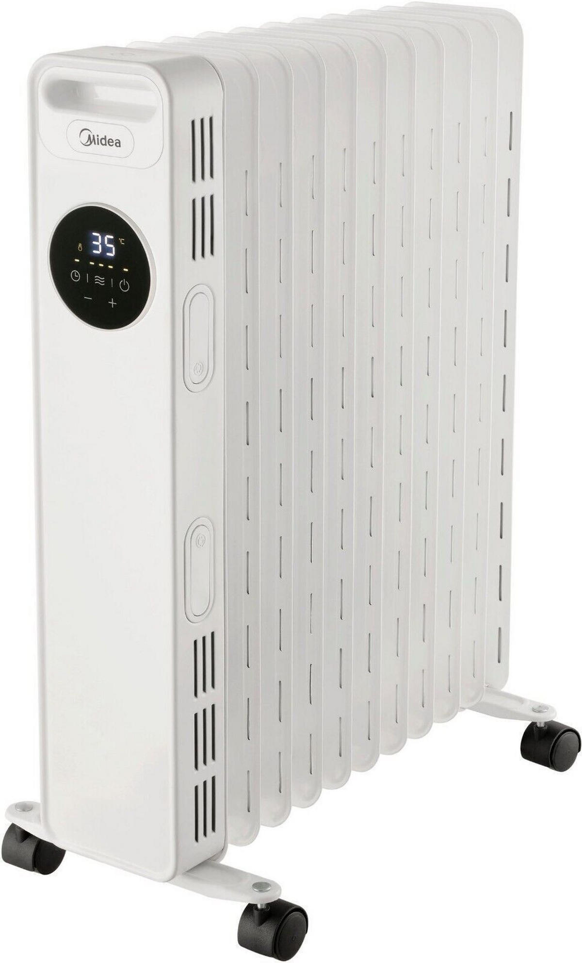 ÖLRADIATOR – Mobiler 2000W Elektroheizung, 9 Heizrippen, Energieeffizient, Freistehend mit Rollen & Tragegriff, Einstellbares Thermostat - Weiß, Metall (28/64/39cm) - Midea