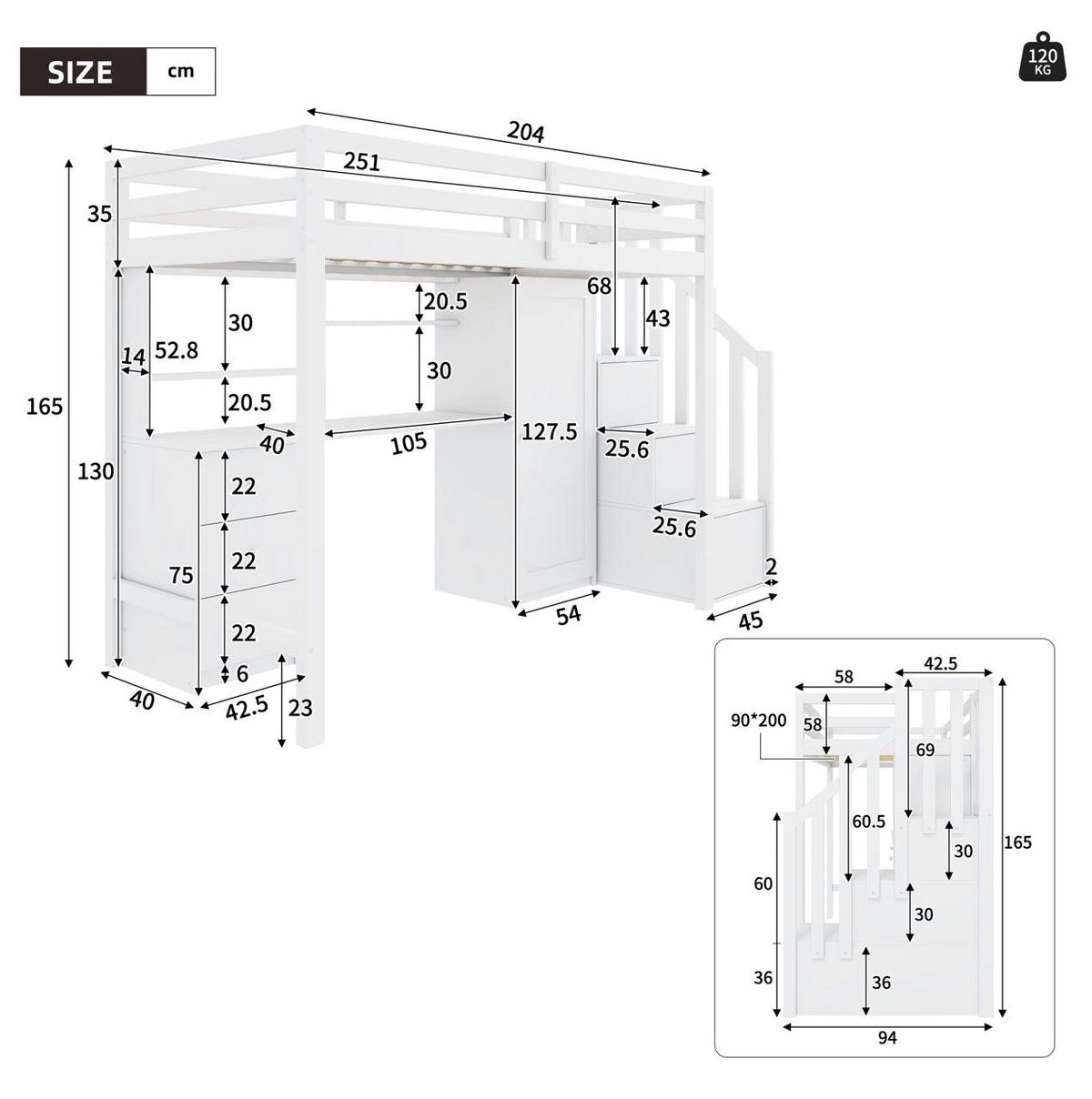ETAGENBETT 90/200 cm aus Massivholz mit Schreibtisch, Kleiderschrank, Treppe und Schubladen, Weiß - Weiß, Holz (90/200cm) - Redom