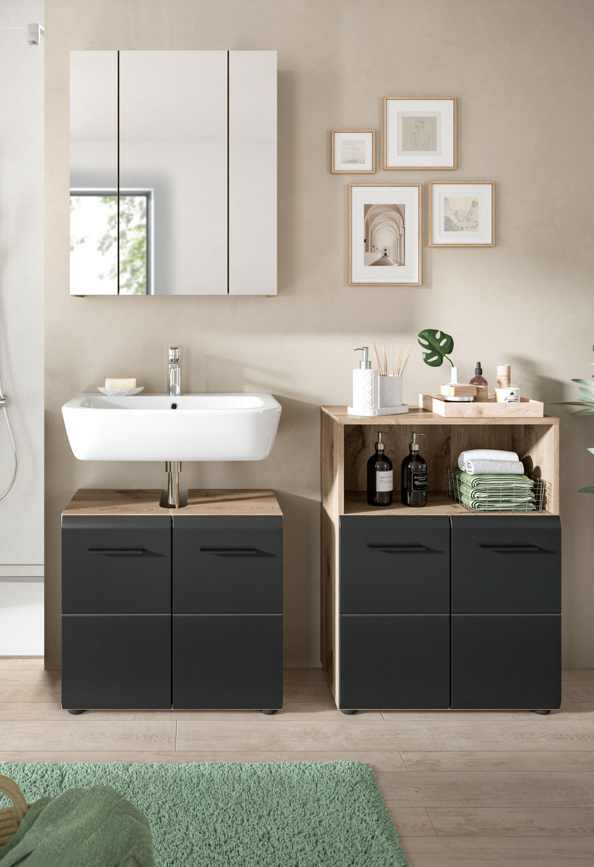 BADMÖBEL Set 3-teilig in schwarz matt und Nox Eiche Badkombination 135 x 185 cm Cover - Eichefarben/Schwarz, Glas/Holzwerkstoff (135/185/30cm) - Inn.Furn