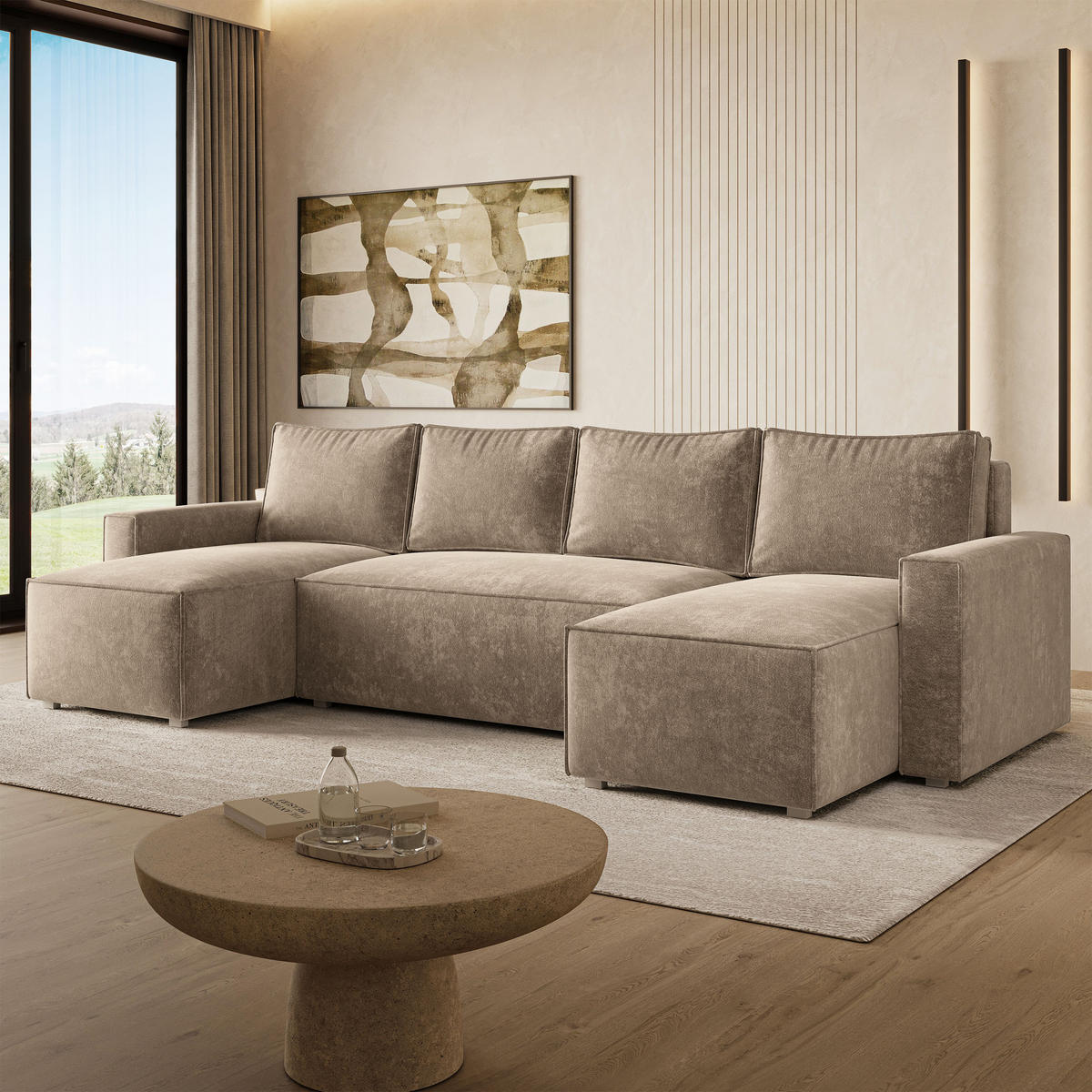 WOHNLANDSCHAFT ASPRA LM Beige Chenille mit Schlaffunktion - Beige, Holz (295/85/140cm) - MASSENO