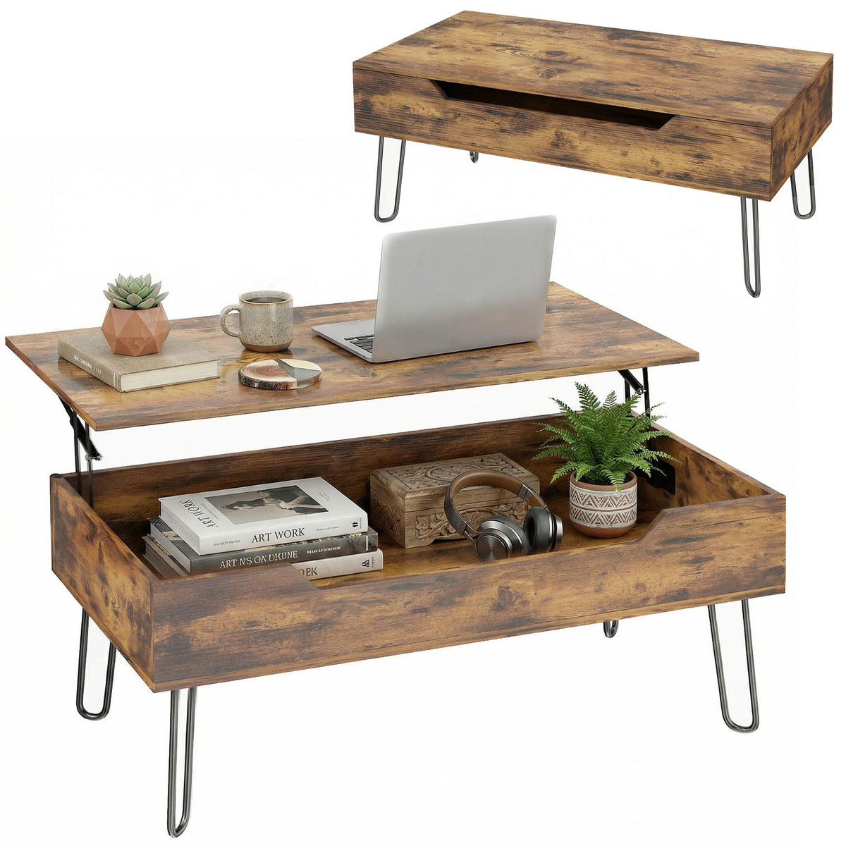 COUCHTISCH Braun höhenverstellbar 95/50/40 cm - Wildeiche, Metall (50/95/40cm) - PANGIVO