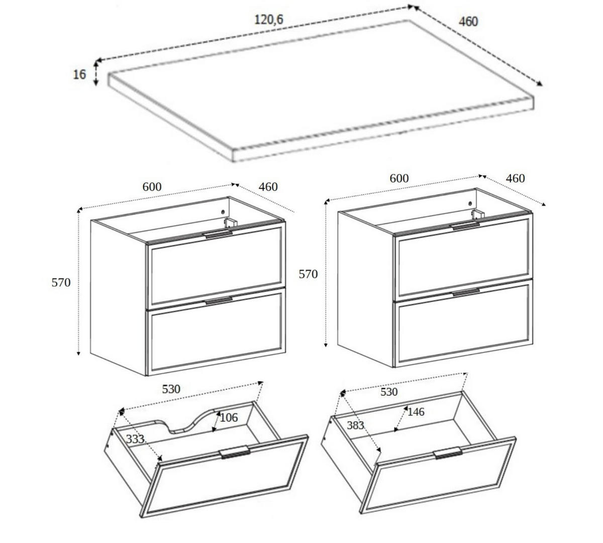 BADEZIMMERSCHRANK, Kaschmir / Dunkelgrau, Schwarze Griffe, 120 (2 x 60) x 46 x 57 cm - Kaschmir/Schwarz, Holzwerkstoff/Kunststoff (120/57/46cm) - 3XE LIVING