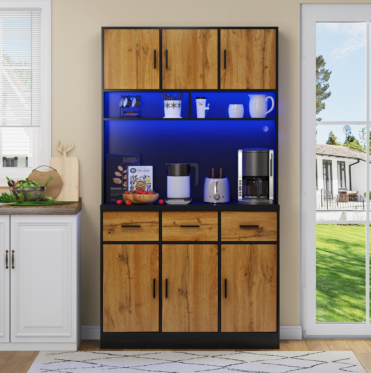 BUFFETSCHRANK aus MDF, mit LED, 3 Schubladen & Steckdosenleiste, 100/40/180 cm, Schwarz/Natur - Schwarz, Holzwerkstoff (100/180/40cm) - Modfu