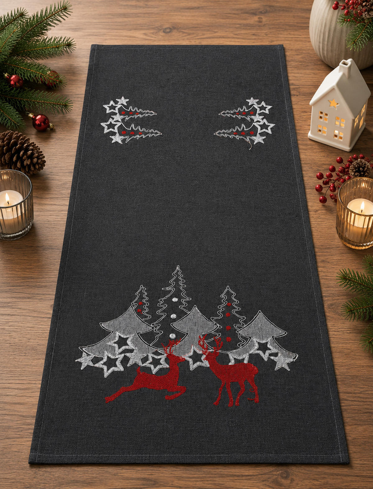 TISCHLÄUFER Weihnachten 40/225 cm Anthrazit Hirsch - Anthrazit, Textil (40/225cm) - TiborTex