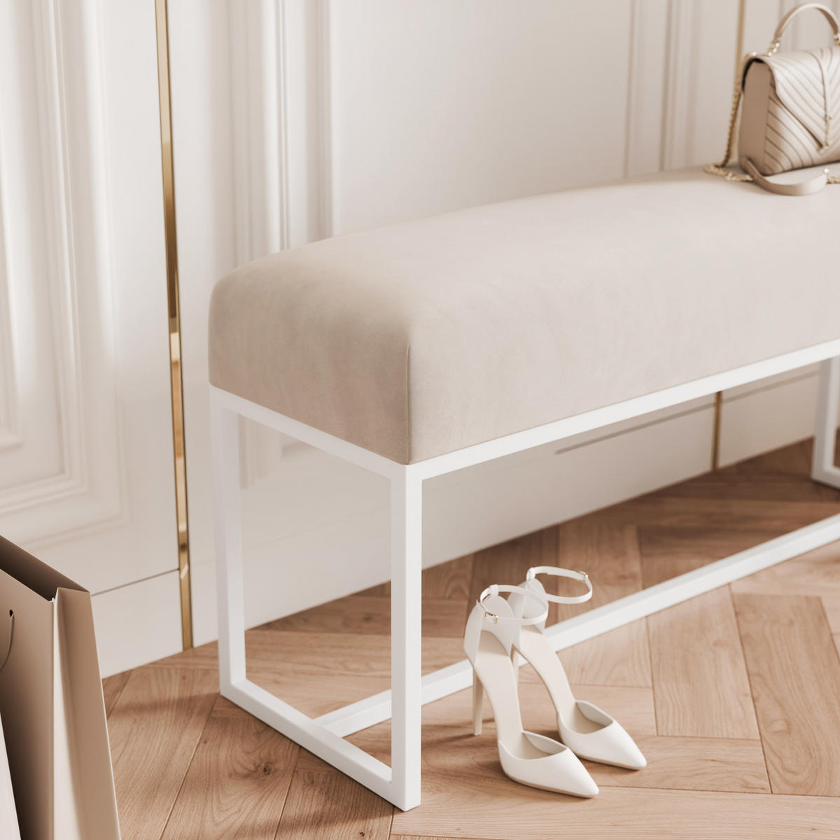 POLSTERBANK MUSE 100 cm Weiß / Creme ,Metallgestell - Creme, Metall (100/47/30cm) - Idohome