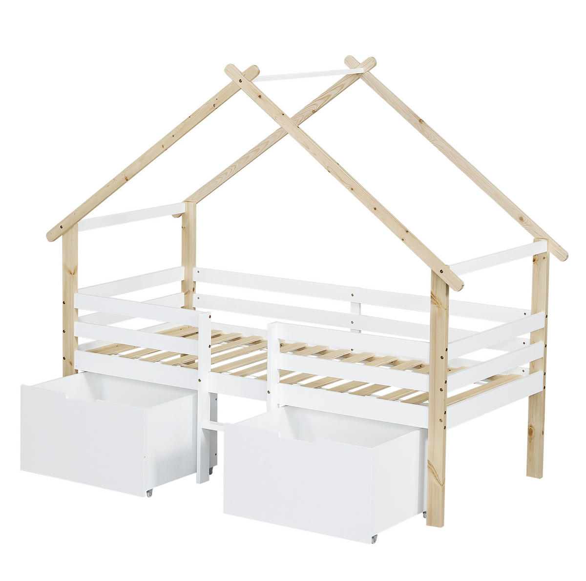 DOMČEKOVÁ posteľ 90/200 cm biela/prírodná so schodíkmi a úložnými skrinkami z masívu a MDF - biela, kompozitné drevo (90/200cm) - OKWISH